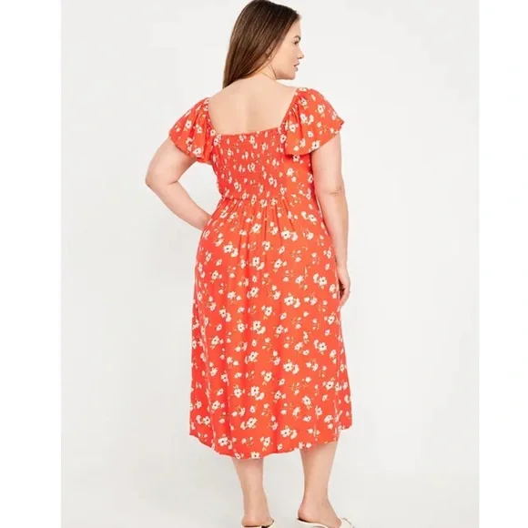 Flutter-Sleeve Crepe Midi Dress, blue with white floral, size XL NWT - Picture 9 of 10